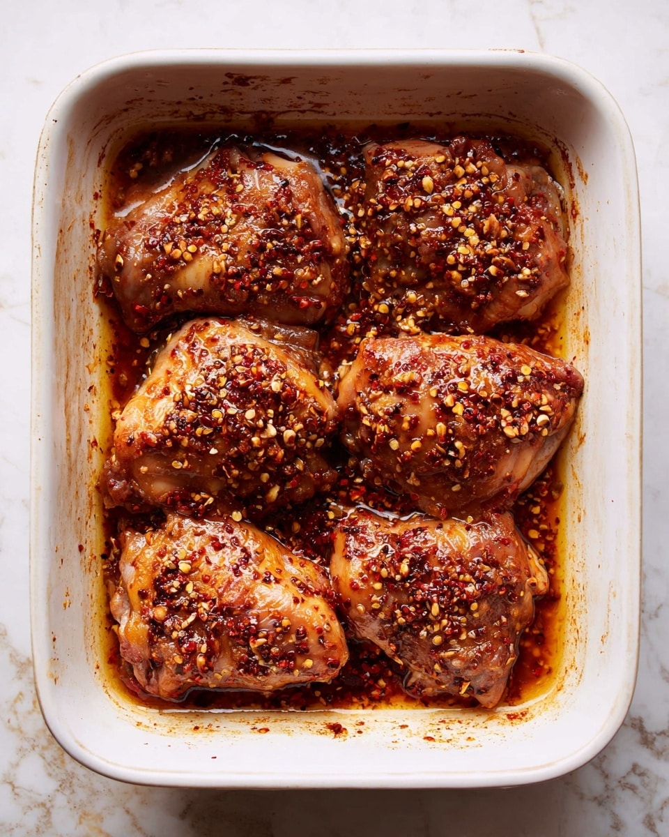 A white rectangular baking dish contains six pieces of raw chicken thighs arranged closely in two rows. The chicken is covered in a shiny, reddish-brown sauce with visible oil and sprinkled heavily with red chili flakes, giving a textured appearance. The sauce coats the chicken evenly, pooling slightly around the edges of the dish. The surface under the dish is a white marbled texture. photo taken with an iphone --ar 4:5 --v 7