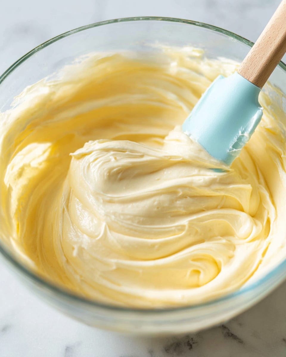 A close-up of a glass bowl filled with light yellow, smooth, and creamy frosting. The creamy texture shows soft peaks and swirls made by a light blue spatula with a wooden handle partially dipped in the frosting. The bowl sits on a white marbled surface, and the lighting highlights the creamy softness and light golden color of the frosting. photo taken with an iphone --ar 4:5 --v 7