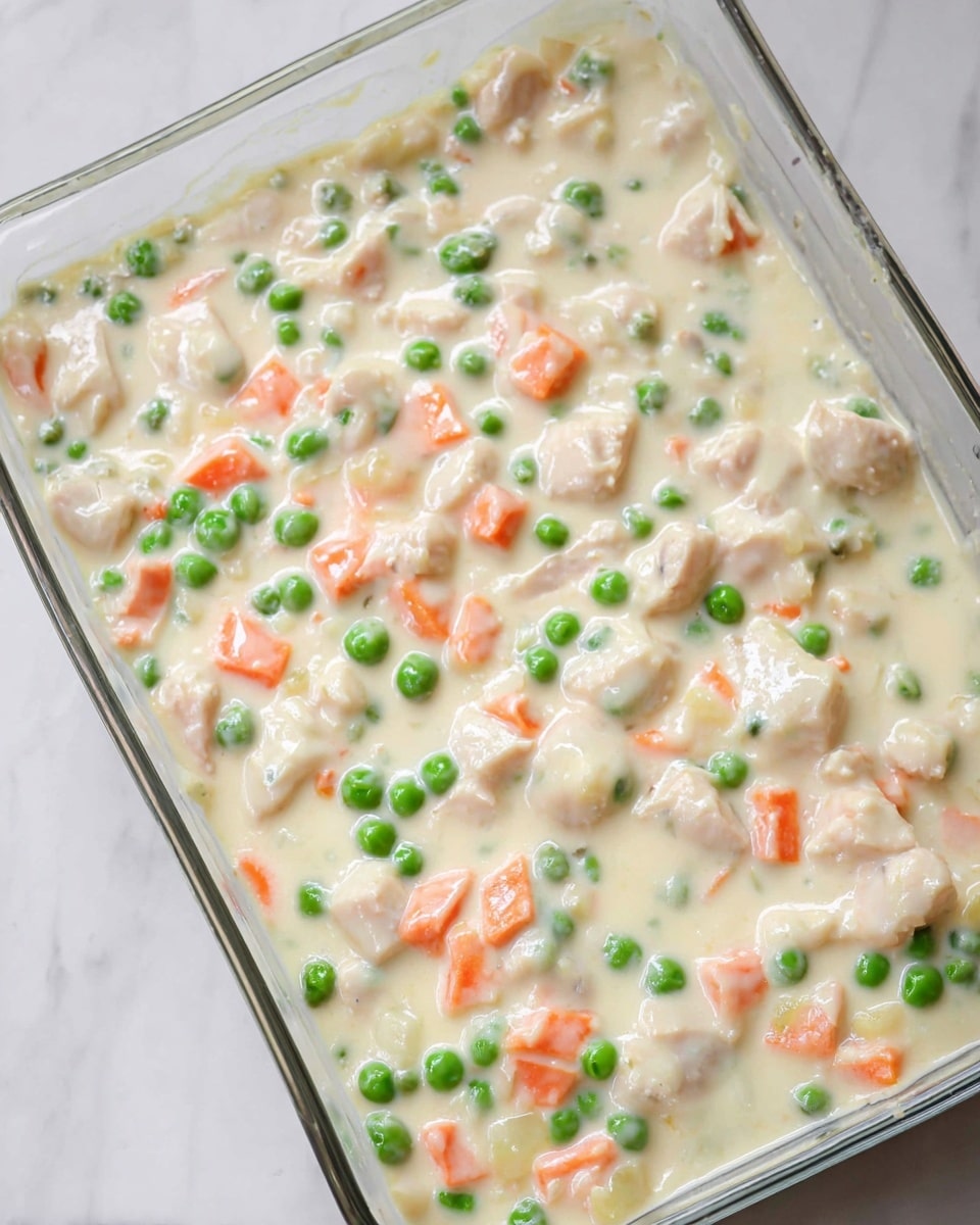 The image shows a single layer of creamy white sauce mixed with bright green peas and small orange carrot cubes, spread evenly in a clear rectangular glass dish. Thick chunks of white meat are scattered throughout, blending into the sauce with a soft texture, and the sauce looks smooth and slightly shiny. The dish is set on a white marbled surface. photo taken with an iphone --ar 4:5 --v 7