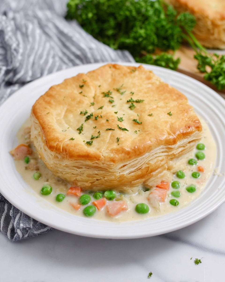 The image shows two white plates, each holding a round, golden-brown puff pastry with multiple visible flaky layers stacked to form a dome shape at the center. The puff pastry sits on a creamy sauce filled with bright green peas and small, soft-looking orange carrot cubes. The creamy sauce slightly spreads on the white plates around the pastry, and small green parsley leaves are sprinkled on top of each pastry and sauce, adding a fresh pop of color. The plates rest on a wooden surface next to a bunch of curly parsley, with the background featuring a white marbled texture. Photo taken with an iphone --ar 4:5 --v 7