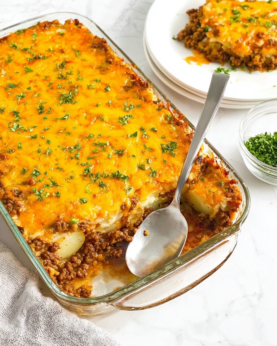 The image shows a glass baking dish filled with a layered casserole on a white marbled surface. The bottom layer consists of pale yellow potato slices, visible around the edges. Above the potatoes is a thick layer of browned ground meat mixed with small onions, giving a textured look. The top layer is melted cheddar cheese in a bright orange color, evenly covering the meat, with small sprinkles of fresh green parsley scattered on top. A large silver serving spoon is placed inside the dish on the right side. In the background, a white plate holds a serving of the casserole, and near the bottom right corner, there is a clear bowl filled with chopped parsley. Photo taken with an iphone --ar 4:5 --v 7