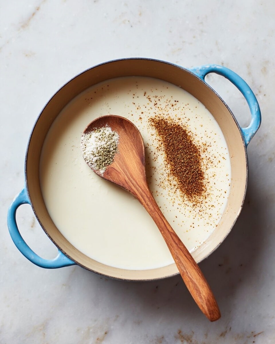 A blue pot with light cream inside showing two layers: a smooth white sauce covering most of the pot and a small pile of crushed brown spices resting on one side. A wooden spoon with a medium brown color lies on top of the sauce, holding a small amount of white powder. The pot is on a white marbled surface. photo taken with an iphone --ar 4:5 --v 7