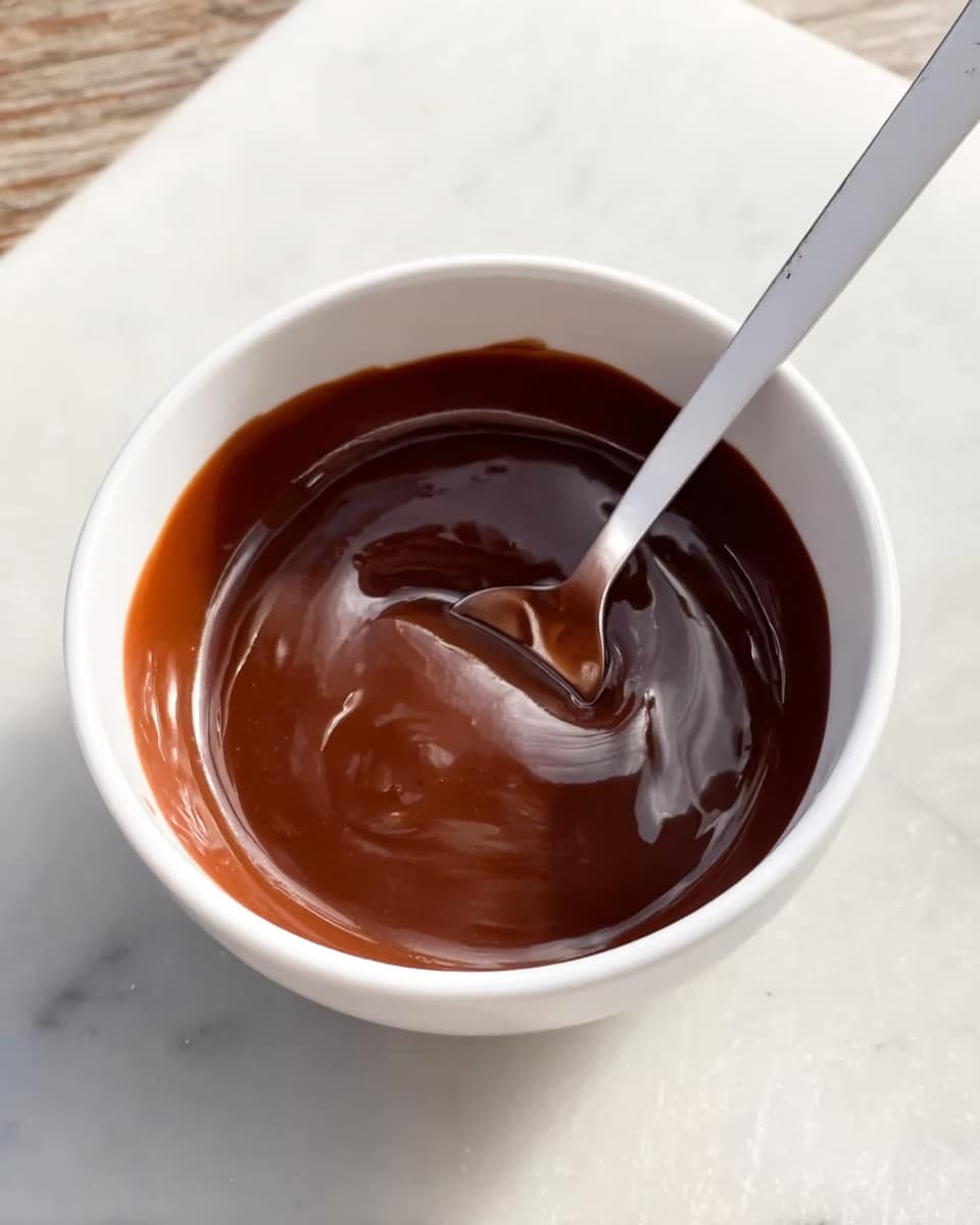 A white bowl holds a smooth, shiny chocolate sauce with a rich dark brown color. A spoon with a white handle is inside the bowl, resting in the sauce and showing the sauce's thick texture. The bowl sits on a white marbled surface that contrasts softly with the chocolate. Light falls from the top right, making a faint shadow on the bowl's left side. photo taken with an iphone --ar 4:5 --v 7