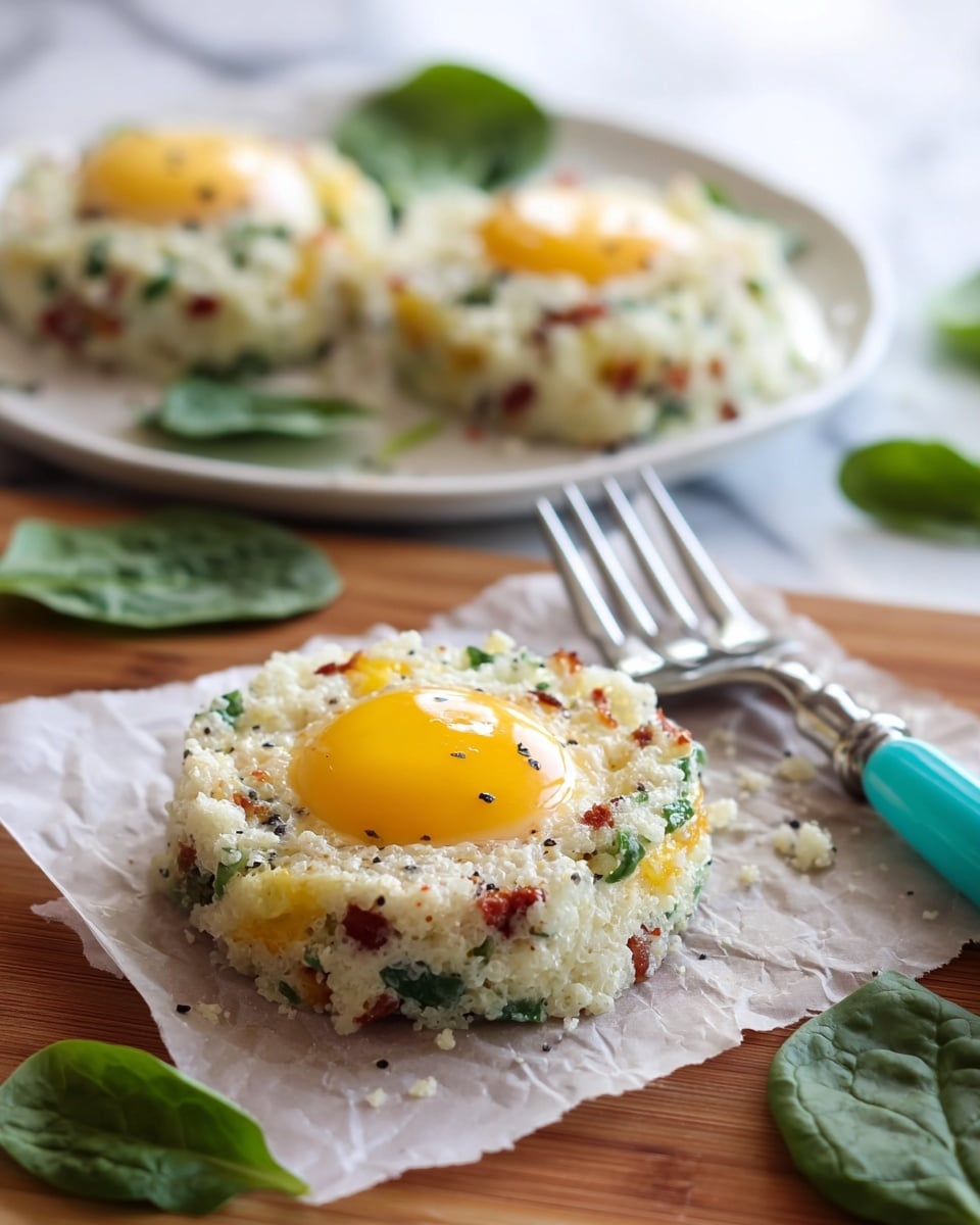 The image shows a close-up of two cloud egg dishes with crispy edges and a bright yellow runny yolk in the middle of each, mixed with small bits of green herbs and red pieces within the fluffy white egg whites. One cloud egg is on a white plate in the background with fresh green spinach leaves beside it, and two more cloud eggs are stacked behind it. In the foreground, a single cloud egg with the yolk dripping onto a white parchment paper lies on a wooden surface, with a silver fork holding a bite from it on the right side. The whole scene is set on a white marbled surface, and the focus is soft in the back, sharp on the front egg. Photo taken with an iphone --ar 4:5 --v 7