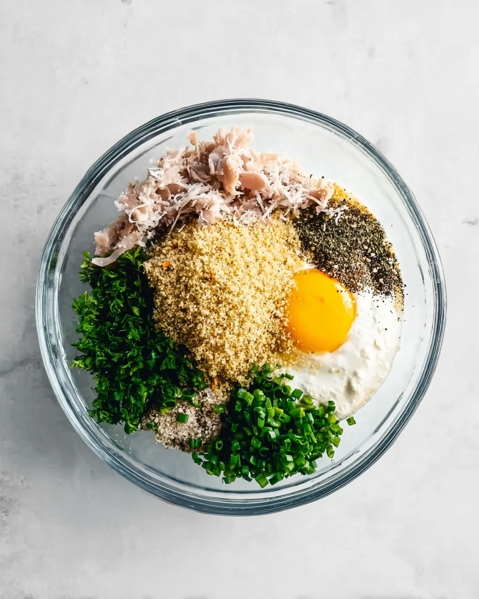 A clear glass bowl sits on a white marbled surface, filled with several unmixed ingredients arranged in separate sections. There is a bright yellow raw egg yolk near the center-right, surrounded by a small mound of white creamy mixture below it. To the left of the yolk is light pinkish shredded meat, and above that, fresh green chopped parsley. A heap of light brown breadcrumbs takes up a large section near the top center. To the right of the breadcrumbs is a pile of black pepper flakes, and next to that are finely chopped fresh green chives. The colors and textures of each ingredient are distinct and visible through the clear bowl. Photo taken with an iphone --ar 4:5 --v 7