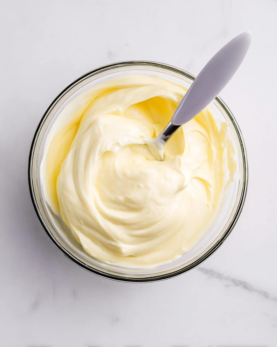 A clear glass bowl filled with a thick, smooth, pale yellow creamy mixture that looks soft and fluffy. A spoon with a gray handle rests inside the bowl, slightly swirling the cream, showing its light, airy texture. The bowl sits on a white marbled surface, with soft light highlighting the gentle waves and peaks of the cream. photo taken with an iphone --ar 4:5 --v 7