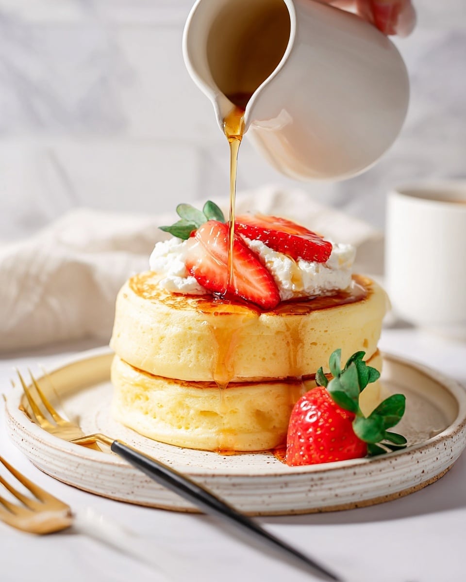 Two thick, fluffy yellow pancakes stacked on a white round plate with a rough edge. The top pancake is topped with two red, sliced strawberries and a dollop of white cream. Golden syrup is being poured from a white jug, slowly flowing down the sides of the pancakes. To the right of the stack, a whole red strawberry with green leaves sits on the plate. A gold and black fork rests on the bottom left side of the plate, and the setting is on a white marbled surface. Photo taken with an iphone --ar 4:5 --v 7
