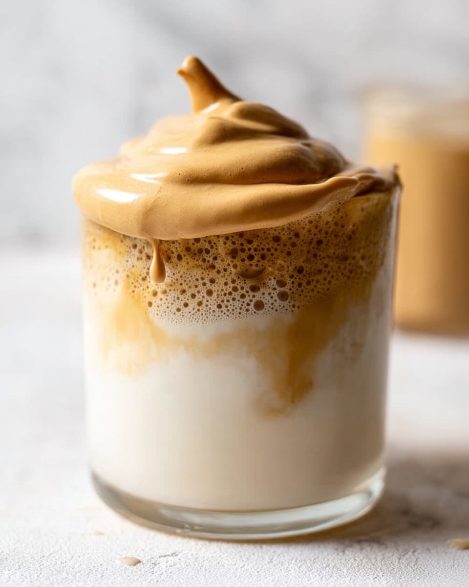 A clear glass filled with a layer of white milk at the bottom, topped with a thick, fluffy layer of light brown whipped coffee foam overflowing slightly over the edges. The coffee foam has a smooth, creamy texture with tiny bubbles on its surface. The background shows a blurred white marbled texture with soft natural light highlighting the drink. photo taken with an iphone --ar 4:5 --v 7