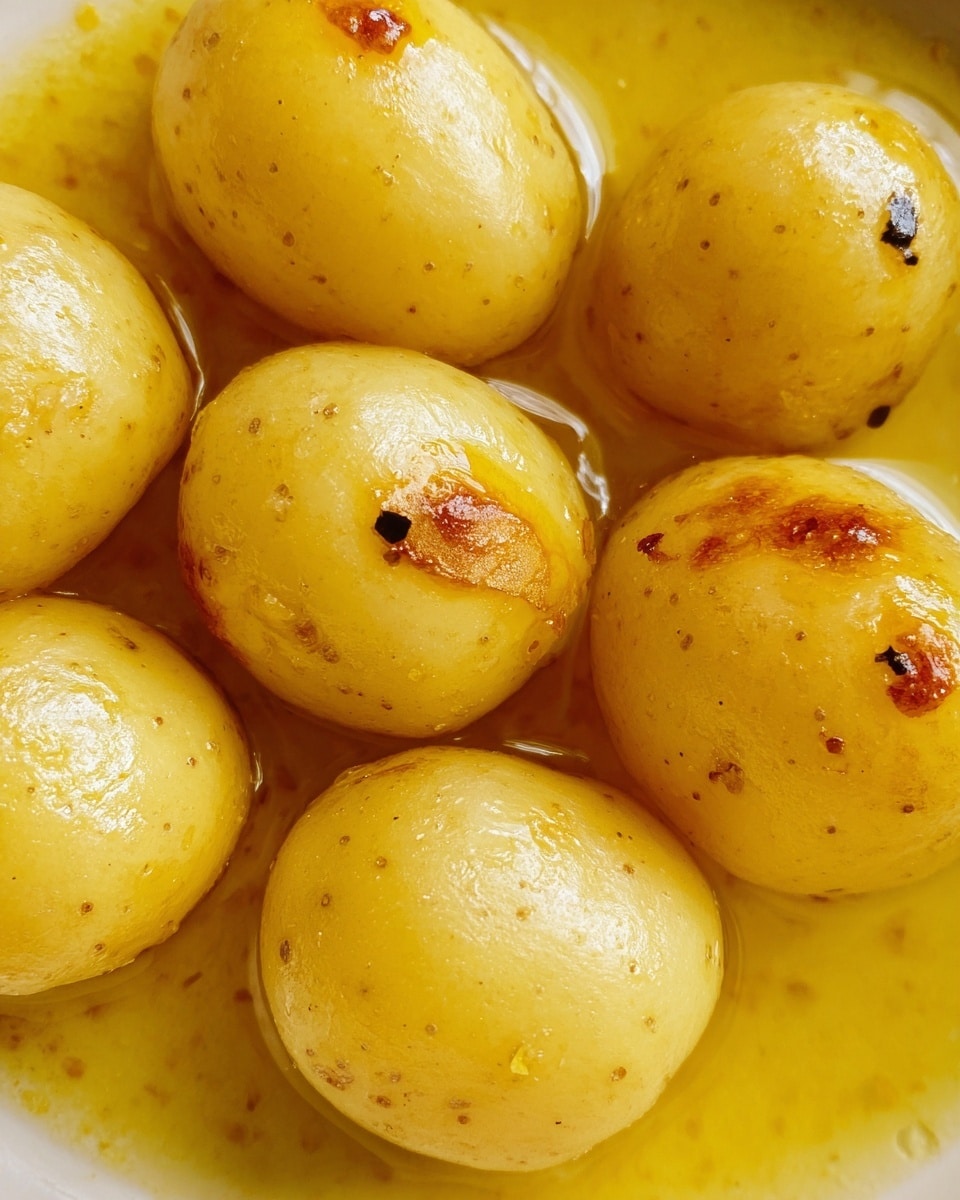 The image shows several small, round yellow potatoes with a smooth and slightly shiny texture, cooked and sitting in a pool of golden yellow butter sauce. The potatoes have a soft, moist appearance with some small brown spots and slight cracks on their surface. They are close together, filling the frame with no other items visible, on a white marbled surface. photo taken with an iphone --ar 4:5 --v 7