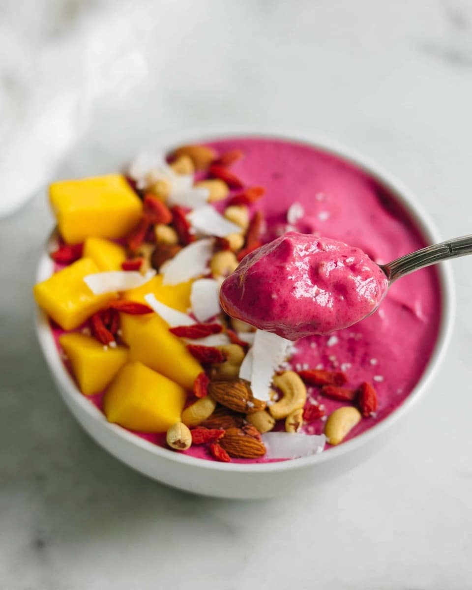 A white bowl filled with bright pink smoothie, smooth and thick in texture. On top, there is a layer of yellow mango cubes on one side, followed by a mix of brown nuts and seeds like almonds and cashews in the middle, and some red goji berries scattered around. There are also white coconut flakes lightly sprinkled across the top including on a spoon holding a scoop of the pink smoothie, with the spoon held close to the camera. The bowl is placed on a white marbled surface, creating a clean and fresh look. Photo taken with an iphone --ar 4:5 --v 7