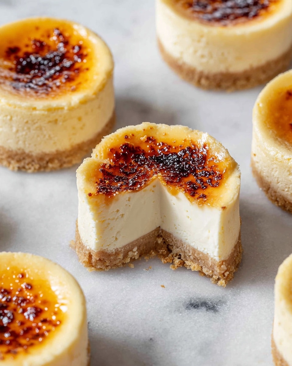 The image shows mini cheesecakes with three visible layers: a bottom crumbly light brown crust, a thick smooth creamy white cheesecake middle, and a glossy caramelized golden brown top with scattered darker burnt spots. The cheesecakes each have a scalloped edge and are placed on a white marbled surface, with one cheesecake cut in half showing its inside layers. The caramelized top layer shines with a slightly sticky texture under the light. Photo taken with an iphone --ar 4:5 --v 7