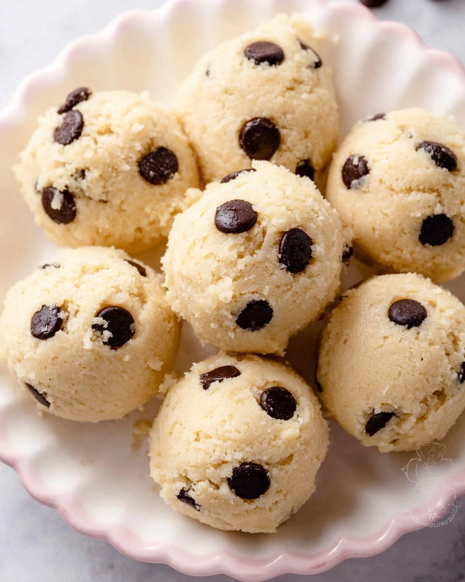 A close-up view of a white plate holding several light yellow, soft-looking scoops of cookie dough with dark chocolate chips. The dough texture is smooth and creamy with some small air holes, and the chocolate chips are scattered unevenly, some partly melted. One scoop in the front has a small piece bitten off, showing its soft inside. In the background, there is a pink and white checkered cloth slightly blurred. The surface is white marble. photo taken with an iphone --ar 4:5 --v 7