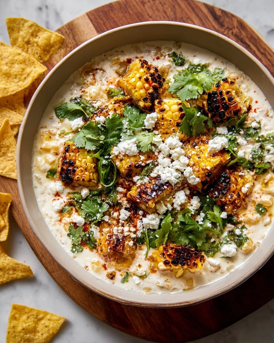 A white bowl filled with creamy white sauce as the base layer with a soft, smooth texture. On top, there are chunks of grilled corn with golden yellow and charred black spots, scattered across the surface. Above the corn, there is a generous sprinkle of white crumbly cheese along with fresh green cilantro leaves spread evenly. The bowl sits on a wooden cutting board with a white marbled surface beneath and a few crisp golden tortilla chips partially visible on the side. Photo taken with an iphone --ar 4:5 --v 7