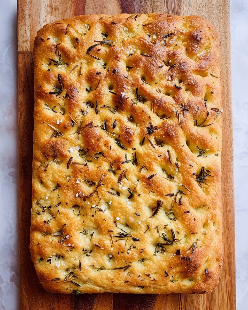 A single thick rectangle focaccia bread with a golden-brown top layer showing uneven bubbling and dimples. Scattered across the surface are small pieces of coarse salt, green herbs like rosemary and thyme, and bits of garlic, giving the bread a textured look with spots of green and white against the warm brown crust. The focaccia rests on a wooden cutting board with a natural grain pattern visible around its edges. photo taken with an iphone --ar 4:5 --v 7