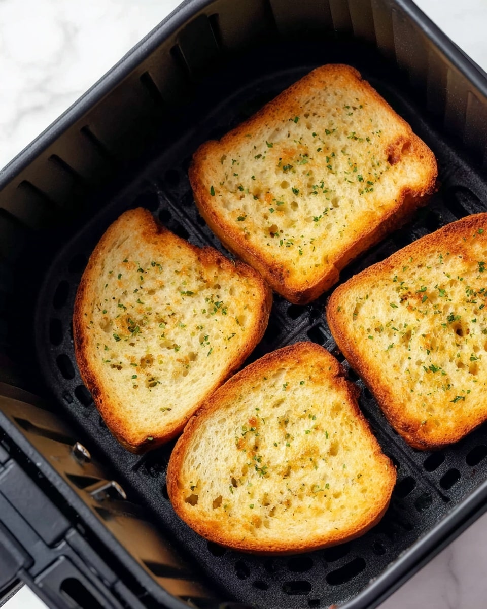 Four slices of toasted bread with a golden-brown color sit inside a black air fryer basket. Each slice has small green herbs sprinkled evenly on top, giving a fresh look. The bread texture is crisp with slight bubbling on the surface. The air fryer's black grid base creates contrast beneath the bread. The scene is shown on a white marbled surface. Photo taken with an iphone --ar 4:5 --v 7