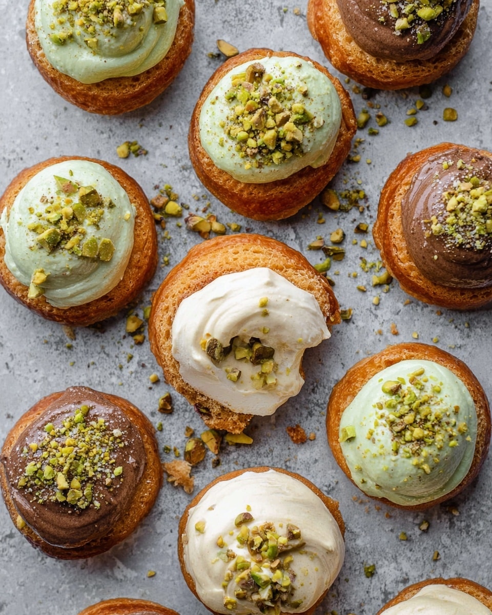 The image shows small round pastries laid out on a light gray textured surface, each with two layers: a golden brown puff pastry base and a topping of creamy frosting in different colors—white, light green, and dark brown. The frostings are spread unevenly on top, with crushed green pistachio nuts sprinkled over each one for texture. One pastry is open, revealing a smooth off-white cream filling inside the bottom half. The pastries are arranged closely together with some crumbs scattered around. photo taken with an iphone --ar 4:5 --v 7