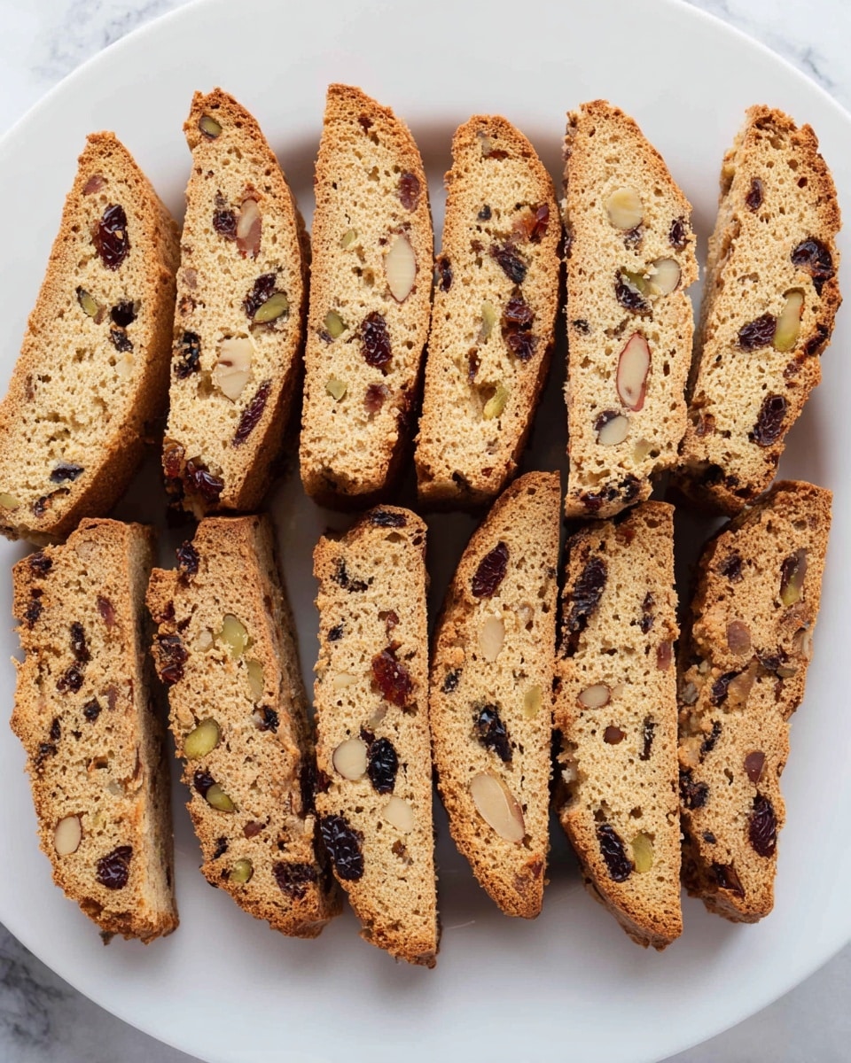 The image shows fourteen pieces of biscotti arranged in two rows on a white marbled surface. Each biscotti piece is golden brown with a rough, crunchy texture and is filled with visible nuts and dried fruits in shades of dark brown, reddish, and pale green. Some crumbs are scattered around the biscotti, adding to the rustic look. The biscotti pieces are long and narrow, with a slight curve on some edges, and all are sliced lengthwise to reveal the nut and fruit fillings inside. Photo taken with an iphone --ar 4:5 --v 7