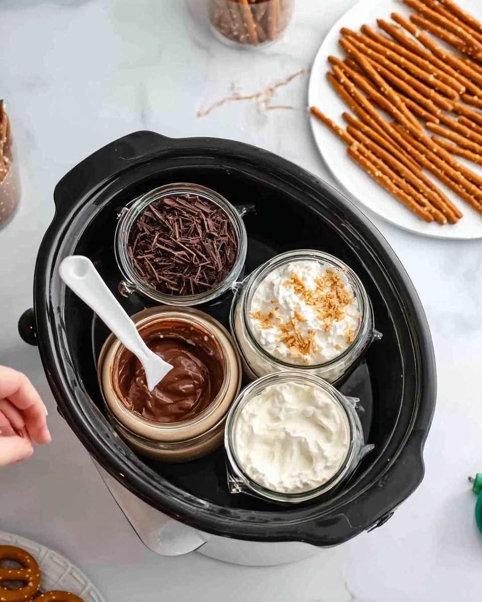 The image shows a round black slow cooker with four glass jars inside, each filled with different chocolate and cream toppings. The top left jar contains dark chocolate shavings on a light brown base, the bottom left jar has thick brown chocolate spread, the top right jar holds whipped cream with some crunchy bits on top, and the bottom right jar is filled with smooth white cream. To the upper right of the slow cooker is a white plate holding many brown pretzel sticks, and the background is a white marbled surface with some small items scattered around. A woman's hand is holding a white spatula inside one of the jars. Photo taken with an iphone --ar 4:5 --v 7