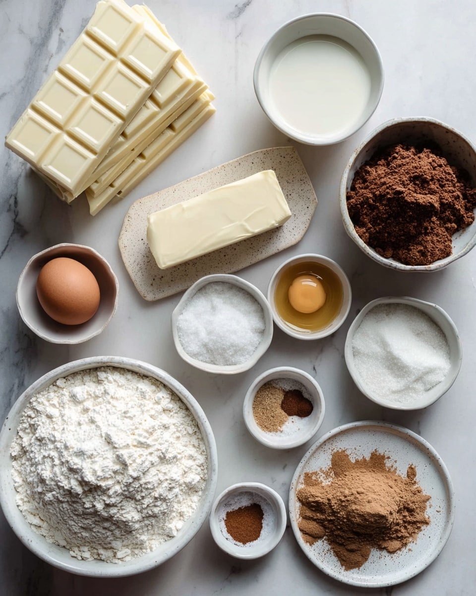 The image shows ingredients arranged neatly on a white marbled surface. There is a stack of white chocolate bars at the top left, next to a small white bowl filled with a creamy white liquid. Below it, a white bowl holds brown sugar, and nearby is a cream-colored stick of butter resting on the surface. In the center sits one brown egg surrounded by small, round white bowls holding powdered sugar, crystallized white sugar, a golden liquid, and a plate with brown spices including ground cinnamon and grated nutmeg. At the bottom left, a large white bowl is filled with white flour, all presented clearly and evenly spaced. Photo taken with an iphone --ar 4:5 --v 7