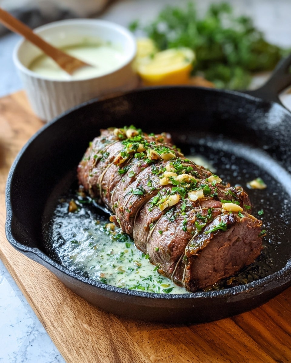 In the image, a thick rolled and tied piece of cooked beef with a brown and slightly crispy outside sits in the center of a dark cast iron pan. The beef is coated with small pieces of chopped garlic and fresh green herbs sprinkled on top. The pan rests on a wooden surface, while in the background there is a small white bowl containing a creamy light sauce with green herbs mixed inside and a wooden spoon resting in it. Part of a lemon wedge and some green leafy herbs are slightly blurred, adding color behind the pan. The whole setup is on a white marbled surface texture. Photo taken with an iphone --ar 4:5 --v 7