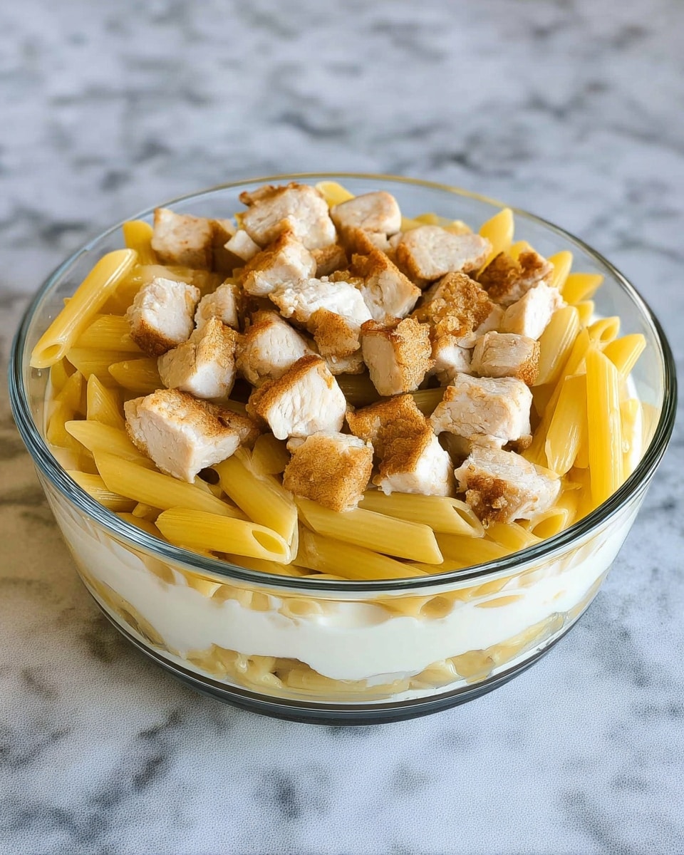 A clear glass bowl holds three layers of food: the bottom layer is yellow penne pasta, the middle layer is white creamy sauce, and on top are small cubes of cooked chicken with a light brown sear on the edges. The bowl sits on a white marbled surface. photo taken with an iphone --ar 4:5 --v 7