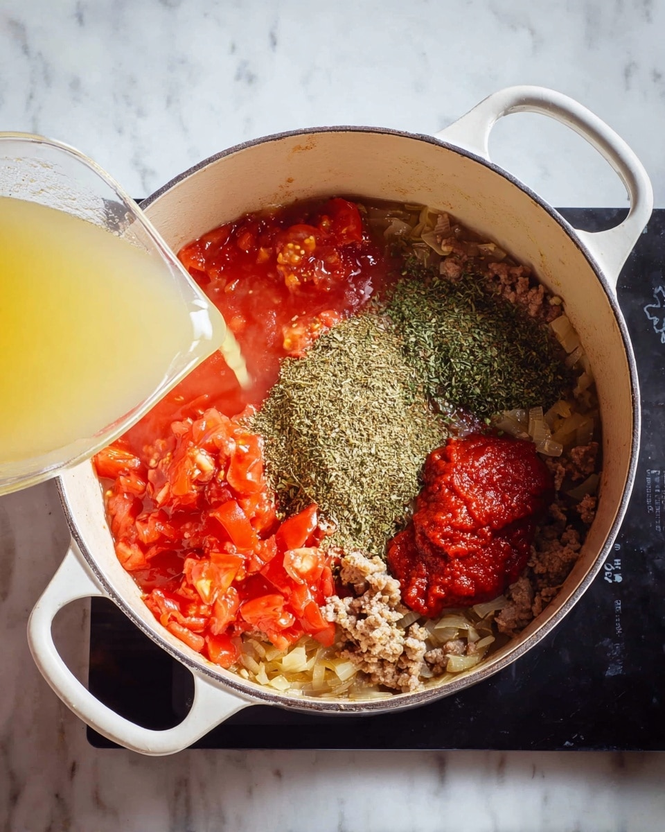 Inside a large white pot, there are several layers of ingredients being combined. The bottom layer has light brown cooked onions and some ground meat. On top of that are chunky, bright red cooked tomatoes with a shiny, wet texture on the left side. Next to the tomatoes is a pile of fine green dried herbs, forming a small mound on the right side. Beside the herbs, there is a dollop of thick, deep red tomato paste. A pale yellow liquid is being poured from the top left corner into the pot, mixing with the other ingredients. The pot has two white handles and sits on a black cooking surface with a white marbled background. photo taken with an iphone --ar 4:5 --v 7