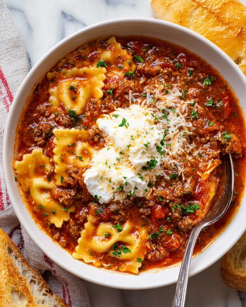 A white bowl filled with thick ravioli pasta in a rich red tomato sauce mixed with ground meat and small bits of tomato, topped with a middle pile of white ricotta cheese and some shredded white cheese on one side. The sauce is textured with herbs, and the edges of the ravioli have a wavy shape. Small green parsley pieces are sprinkled over everything. A metal spoon sits inside the bowl, with its handle resting on the edge. The bowl is set on a white marbled surface, next to a piece of golden bread. Photo taken with an iphone --ar 4:5 --v 7