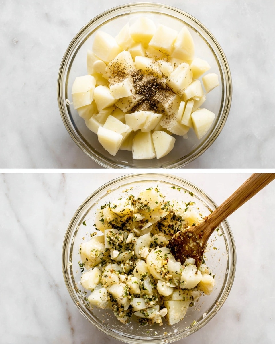 Two clear glass bowls sit on a white marbled surface, each filled with large white potato pieces cut in chunks. The first bowl is layered with peeled, diced white potato cubes at the bottom, topped with a sprinkle of black pepper, small chopped green herbs, and minced white garlic, all resting evenly on the potatoes. The second bowl shows the potatoes mixed with the spices and herbs, giving it a speckled look from the black pepper and green herb bits, with a wooden spoon laying inside, stirring the mix. photo taken with an iphone --ar 4:5 --v 7