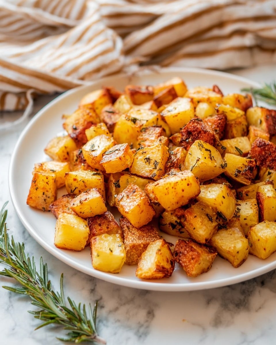 A white plate filled with golden brown roasted potato cubes, seasoned with black pepper and herbs, with a few green rosemary sprigs scattered on top and around. The potato pieces show a crispy texture on some sides with a mix of light and darker brown colors. The plate is placed on a white marbled surface with a soft-focus striped beige and brown cloth in the background. photo taken with an iphone --ar 4:5 --v 7
