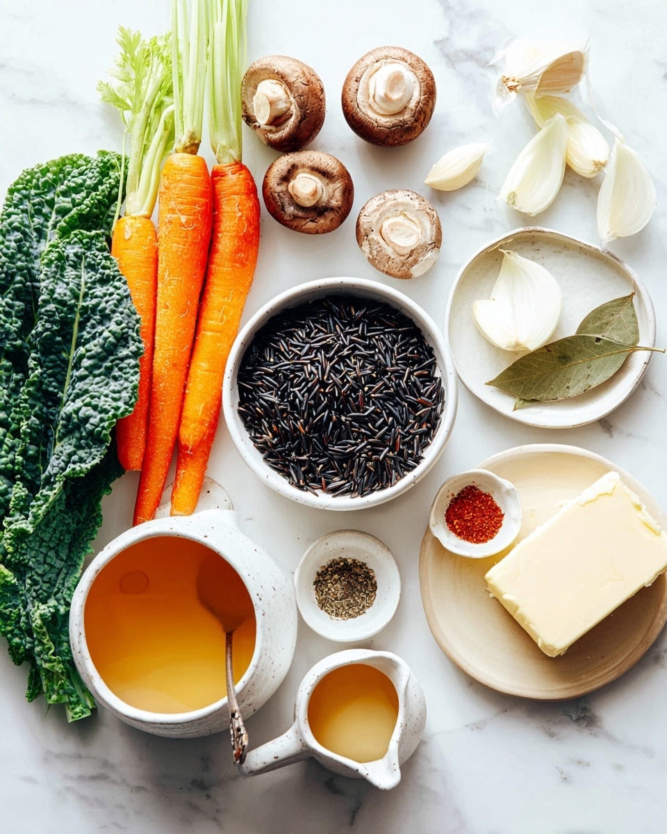 The image shows a flat lay of various fresh and dry cooking ingredients on a white marbled surface. In the center is a small round white bowl filled with dark black wild rice, surrounded by raw whole carrots and green leafy kale on the left side. Above the bowl are four whole brown mushrooms and three celery stalks with leafy tops. To the top right, a white round plate holds peeled garlic cloves, two white onion halves, a bay leaf, and two small white spoons containing black pepper and red chili powder in a speckled white cup. Below this plate, a white jug filled with a light beige liquid and a small white pitcher holding golden honey sit near a beige plate with a rectangular slab of pale butter. A woman's hand is slightly visible at the top holding a small white utensil. The scene is bright with natural light, showing the textures and colors clearly, photo taken with an iphone --ar 4:5 --v 7