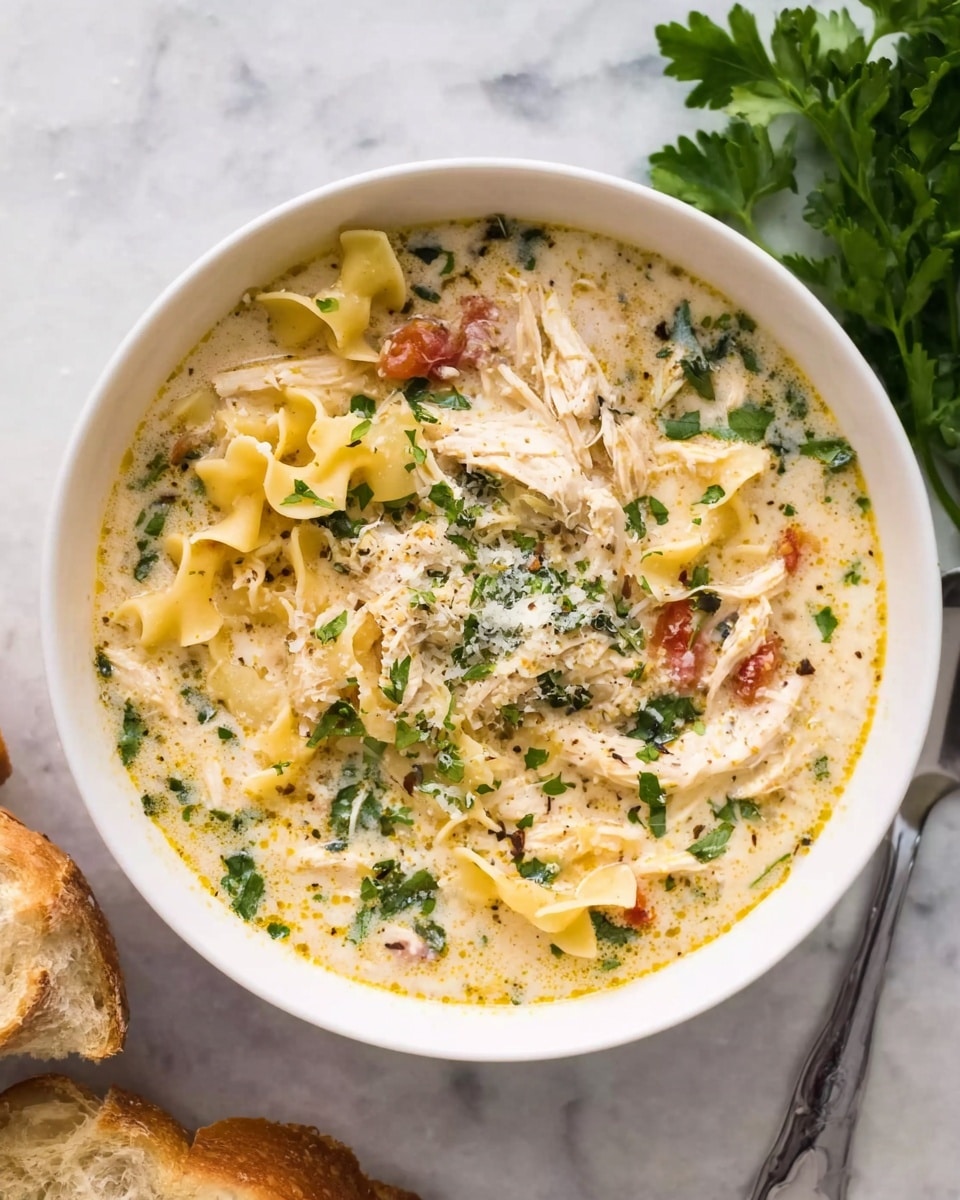 A white bowl filled with a creamy soup that has multiple layers: shredded white chicken pieces, yellow wavy-edged noodles floating throughout, visible bits of green parsley, and small reddish tomato pieces. The creamy broth looks thick and smooth with hints of herbs mixed in. On top, a sprinkle of grated cheese adds texture. The bowl sits on a white marbled surface with fresh green parsley leaves nearby and some sliced bread partially visible in the corner. photo taken with an iphone --ar 4:5 --v 7