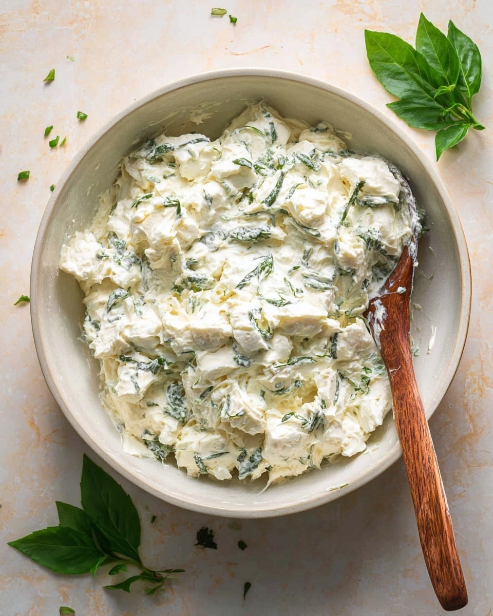 A large white bowl filled with a creamy white mixture that has visible chunks of soft white cheese and finely chopped green herbs mixed throughout, creating a slightly textured but smooth appearance; a wooden spoon rests inside the bowl on the right side, partially covered by the mixture; the bowl sits on a white marbled surface with a few fresh green leaves scattered around. photo taken with an iphone --ar 4:5 --v 7