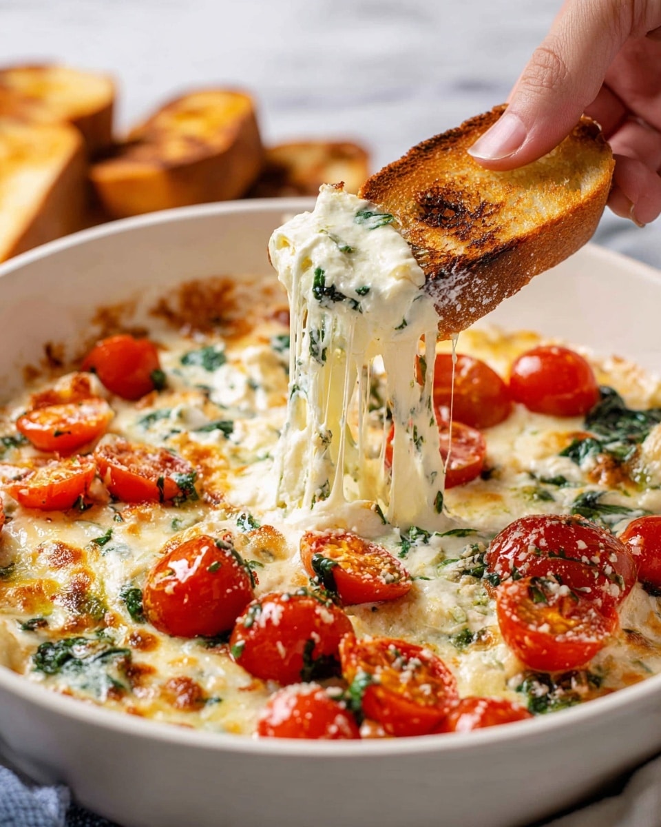 A white bowl filled with a creamy, melted cheese dip topped with halved cherry tomatoes and green spinach bits scattered evenly. Toasted golden-brown bread slices are partially dipped into the cheese, with the woman's hand lifting one slice showing the cheese stretching in thin strings. The cheese layer is thick, white, and creamy with a smooth texture, while the tomatoes add bright red, juicy pops on top. The bowl sits on a white marbled surface with a soft napkin visible in the background photo taken with an iphone --ar 4:5 --v 7