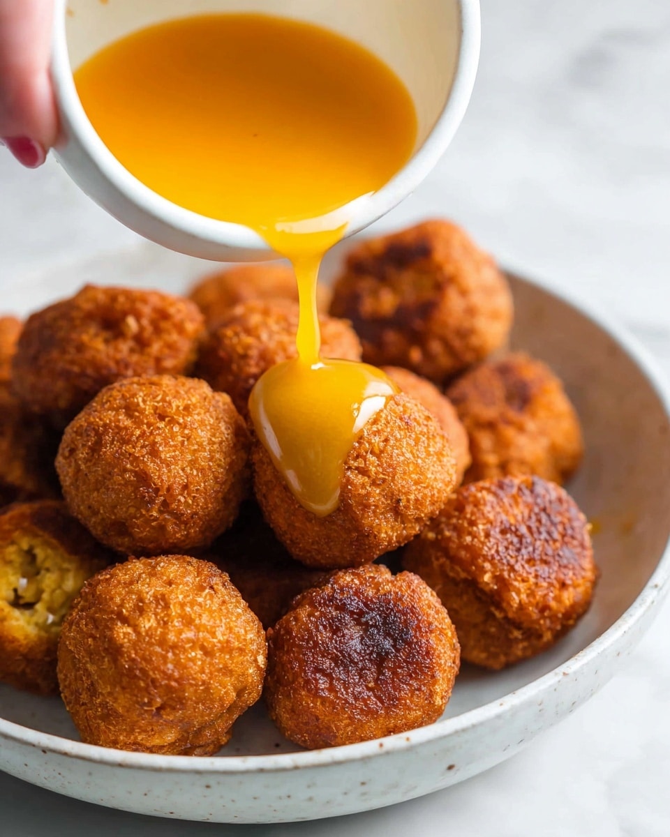A close-up view of small, round, crispy brown fried balls in a white dish, with a bright orange sauce being poured over them from a small white bowl held by a woman's hand. The fried balls have a textured surface with darker brown spots, and the sauce looks smooth and glossy as it coats one of the balls. The background shows a white marbled texture. photo taken with an iphone --ar 4:5 --v 7