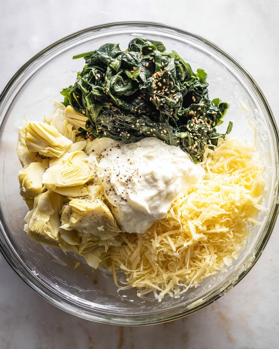 In a clear glass bowl placed on a white marbled surface, four main layers sit separately before mixing: on the top left, a bunch of dark green wilted spinach with a soft texture and a few sesame seeds; on the bottom left, pale yellow chopped artichoke pieces with a slight sheen; on the right side, a heap of shredded light yellow cheese with a fine texture; and at the bottom center, a dollop of thick white sour cream with a smooth look. Small black pepper specks are sprinkled lightly over all ingredients. photo taken with an iphone --ar 4:5 --v 7