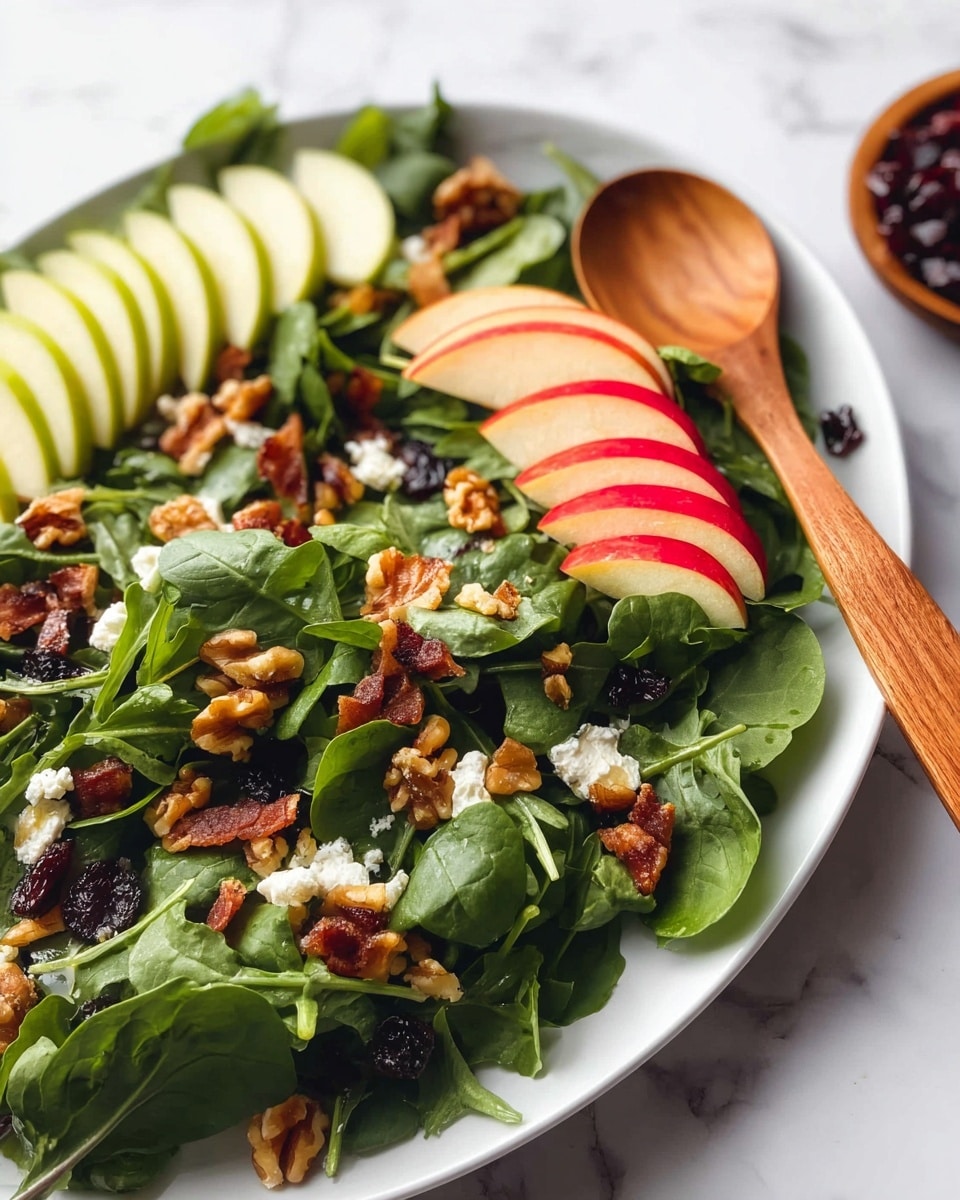 A white plate holds a fresh green salad with layers of spinach and arugula leaves, giving a rich green base. On top, thin slices of green apple are arranged in a neat row on the left side, while red apple slices are placed in a parallel row nearby. Scattered around are small pieces of crispy bacon and brown walnuts, adding texture and warmth. Tiny white cheese crumbles dot the salad, and some dark dried cranberries show between the leaves. A wooden spoon rests on the plate's right edge. The scene is set on a white marbled surface, showing a bright and fresh vibe. Photo taken with an iphone --ar 4:5 --v 7