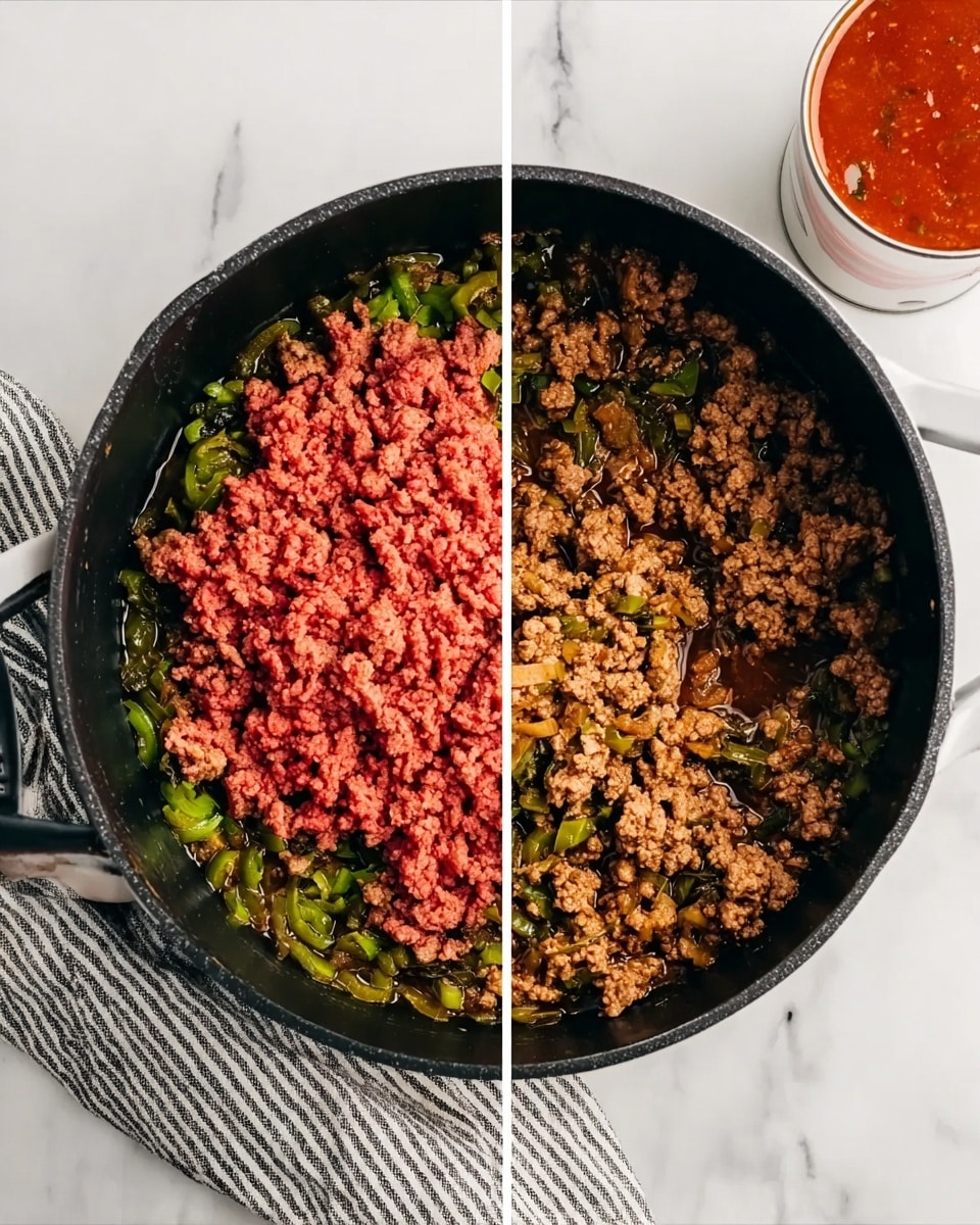 A black pot sits in the center on a white marbled surface with a striped cloth beside it. The image is split in half vertically, showing two different stages of cooking ground meat mixed with green vegetables. On the left side, raw red ground meat sits over cooked green vegetables, creating two distinct layers with the meat resting on top. On the right side, the meat is fully cooked and browned, mixed evenly with the green vegetables, forming one blended layer. A woman’s hand holds a white can open on the top right corner, and red sauce is visible inside the can. Photo taken with an iphone --ar 4:5 --v 7
