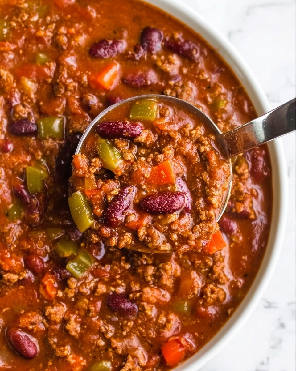 The image shows a close-up of a rich chili stew in a white bowl sitting on a white marbled surface. The chili has one main layer filled with chunky textures of ground meat, red kidney beans, diced green and orange bell peppers, and bits of onion, all mixed in a thick, reddish-brown sauce. A metal ladle with a shiny handle is scooping some chili, showing the dense mix of ingredients inside. The colors are warm and inviting with a mix of reds, browns, and greens. Photo taken with an iphone --ar 4:5 --v 7