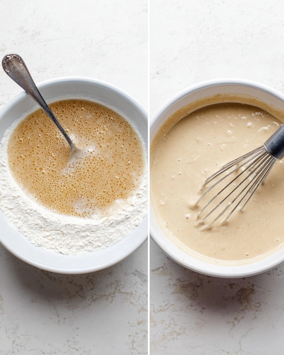 The image shows two white bowls side by side on a white marbled surface. The left bowl has three visible layers: a base layer of white flour, a middle layer of light brown liquid with bubbles on top, and a shiny silver spoon partially submerged in the mixture. The right bowl contains a smooth, thick beige batter with a small texture, and a metal whisk with a black handle resting inside, mixing the batter. photo taken with an iphone --ar 4:5 --v 7