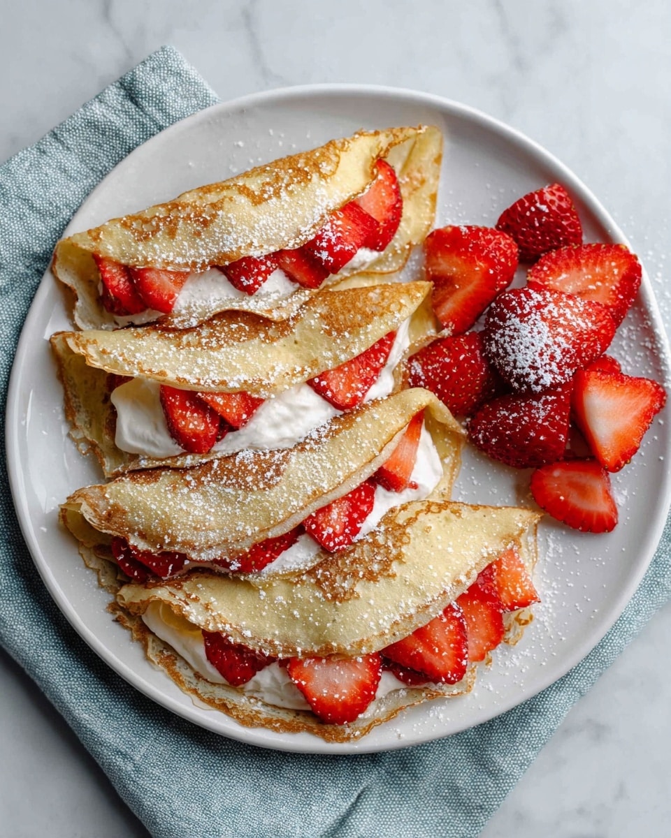 The image shows a white plate with four folded crepes arranged in a fan shape. The crepes are light golden brown with a soft texture and are filled with fresh red strawberry slices visible at the edges. More sliced strawberries are scattered on the plate around the crepes. The crepes have a light dusting of powdered sugar on top. Next to the plate, there is a white bowl filled with white cream and a small silver sieve, all placed on a white marbled surface. A woman's hand is not visible in this image. Photo taken with an iphone --ar 4:5 --v 7