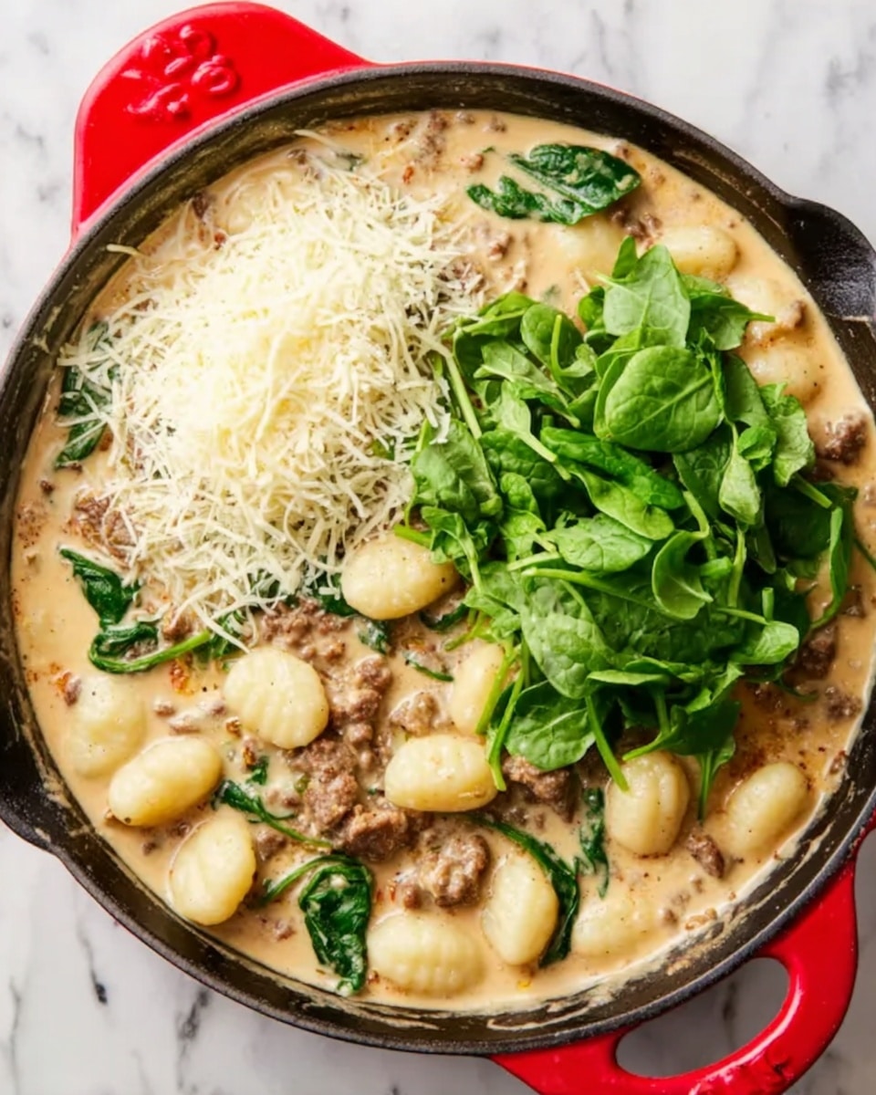 In a red cast iron skillet, there is a creamy sauce with small white gnocchi scattered throughout. The sauce is light beige and smooth, mixed with chunks of browned meat and some wilted dark green spinach leaves. On top, there is a pile of finely shredded white cheese on the left side and a bunch of fresh, chopped bright green spinach on the right side. The skillet sits on a white marbled surface. photo taken with an iphone --ar 4:5 --v 7