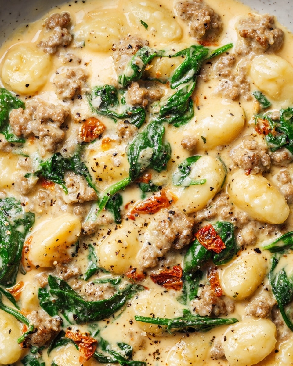 This close-up image shows a creamy gnocchi dish with three main layers. The first layer is small, soft gnocchi covered in a smooth, thick cream sauce that is light yellow in color. The second layer features pieces of cooked ground meat with a slightly browned texture scattered among the gnocchi. The third layer includes fresh green spinach leaves and bits of orange-colored sun-dried tomatoes spread throughout, adding bright color and texture contrast. Black pepper is lightly sprinkled on top, adding a touch of dark specks. The dish is shown on a white marbled surface. photo taken with an iphone --ar 4:5 --v 7