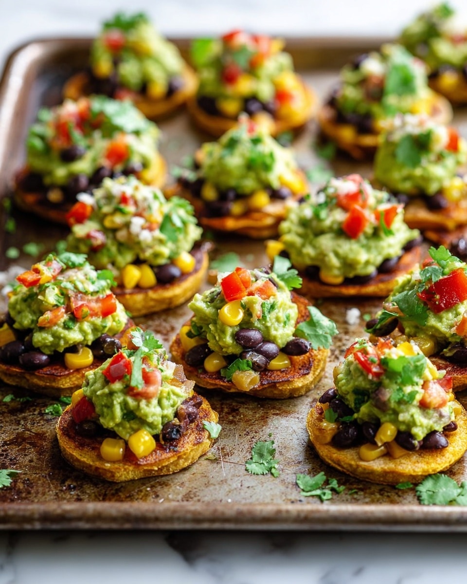 The image shows many small round slices of orange sweet potato placed on a baking tray. Each slice is topped with a thick, chunky layer of green guacamole mixed with black beans, yellow corn, and bits of red tomato, red onion, and green herbs. Some toppings spill around the slices on the tray, adding color with scattered corn kernels, black beans, diced tomatoes, and sprigs of cilantro. The colors are bright and fresh, with the orange of the sweet potato base contrasting with the green, yellow, red, and black toppings. The background is a white marbled texture. photo taken with an iphone --ar 4:5 --v 7