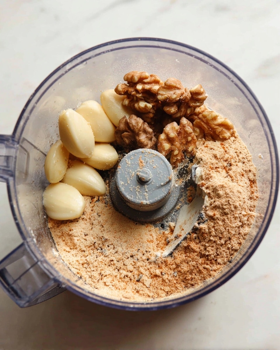 Inside a clear food processor bowl, there are three main layers of ingredients. On the left, there are whole garlic cloves showing a smooth, pale cream color. Next to the garlic, towards the top left, there are walnut halves with a rough, textured surface and a warm brown color. Covering the bottom and right side is a layer of light brown powder, slightly clumped, with some small white specks mixed in. The metal blade in the middle is partly covered with bits of the powder. The whole setup is placed on a white marbled surface. Photo taken with an iphone --ar 4:5 --v 7
