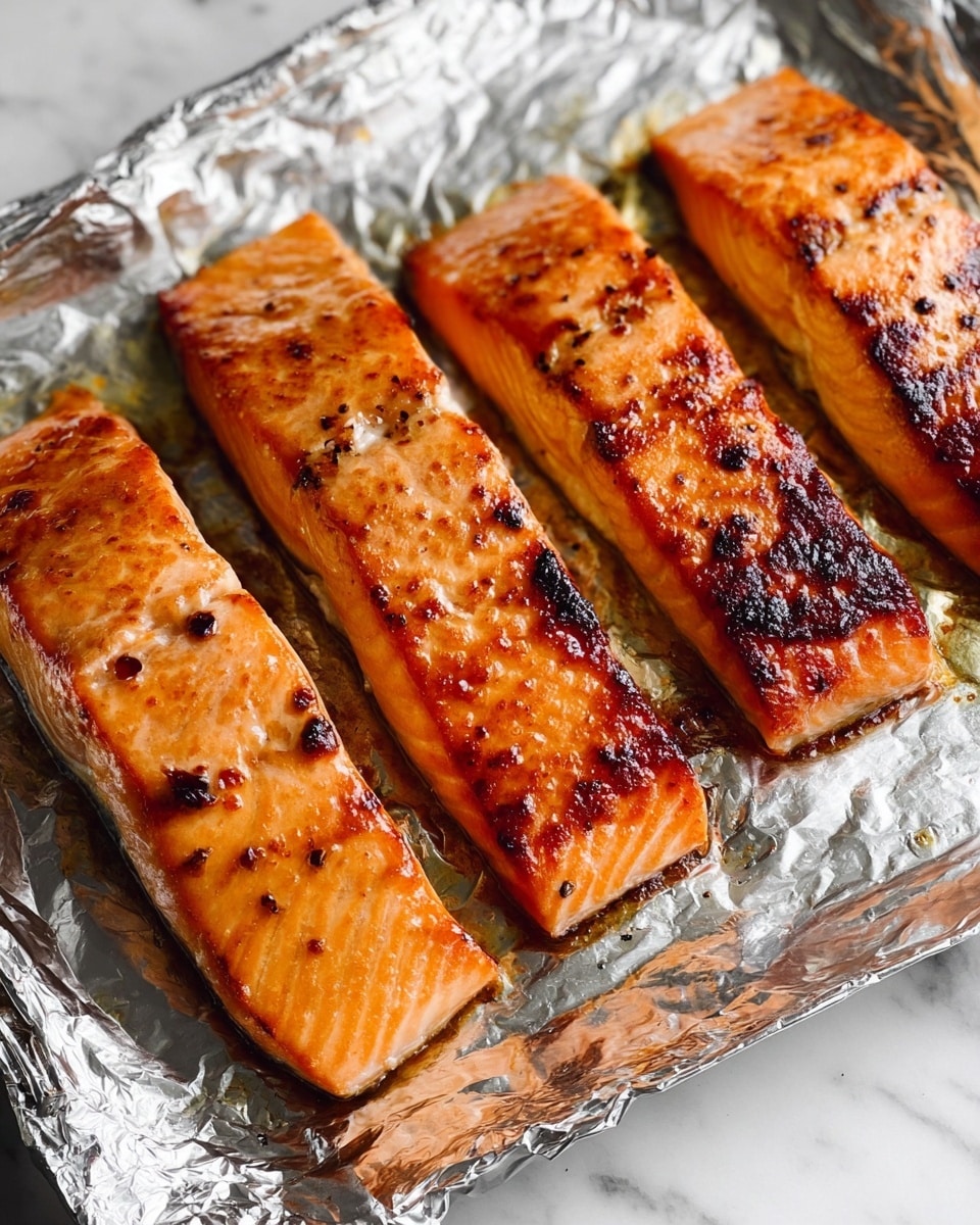 The image shows four pieces of cooked salmon fillets placed closely together on a sheet of shiny silver foil. Each fillet has a golden-brown top with some darker charred spots, showing a slightly crispy texture. The sides of the salmon are a lighter orange-pink color, appearing moist and tender. The foil reflects the shiny surface of the fillets, and the background is a white marbled texture. photo taken with an iphone --ar 4:5 --v 7