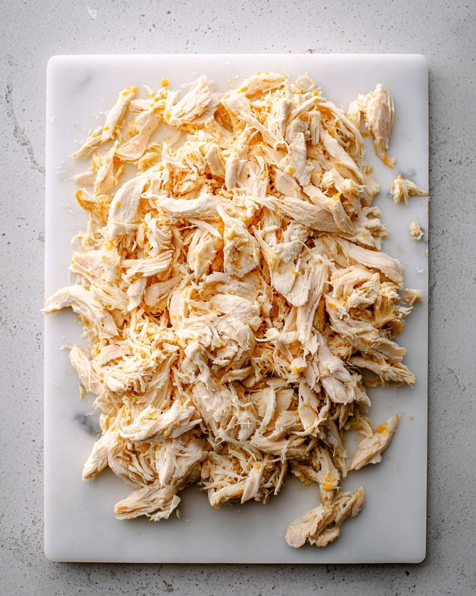 A pile of shredded cooked chicken pieces is spread loosely on a white cutting board placed on a white marbled surface. The chicken is pale with some light golden-brown areas, showing a mix of soft, fibrous textures and small bits. The pieces vary in size, some finely shredded and others slightly chunkier, forming a roughly rectangular shape in the center of the board. The lighting highlights the moist and tender quality of the meat. photo taken with an iphone --ar 4:5 --v 7