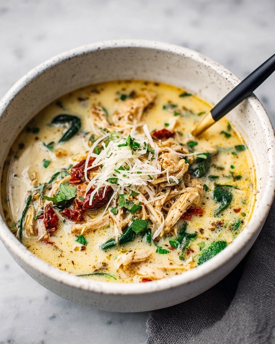 A white speckled bowl filled with creamy soup with light yellow broth, containing shredded light brown chicken pieces, dark green spinach leaves, and red sun-dried tomato strips. The soup is topped with thin white cheese shreds and small chopped green herbs. A black and gold spoon rests on the edge of the bowl, all set on a white marbled surface. photo taken with an iphone --ar 4:5 --v 7