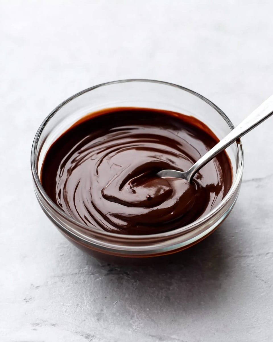 A clear glass bowl filled with thick, smooth dark brown chocolate sauce with a shiny surface. A silver spoon rests inside the bowl on the right side, partly dipped in the sauce creating gentle swirls and a light swirl pattern on the top layer. The bowl sits on a white marbled surface that adds a soft texture in the background. Photo taken with an iphone --ar 4:5 --v 7