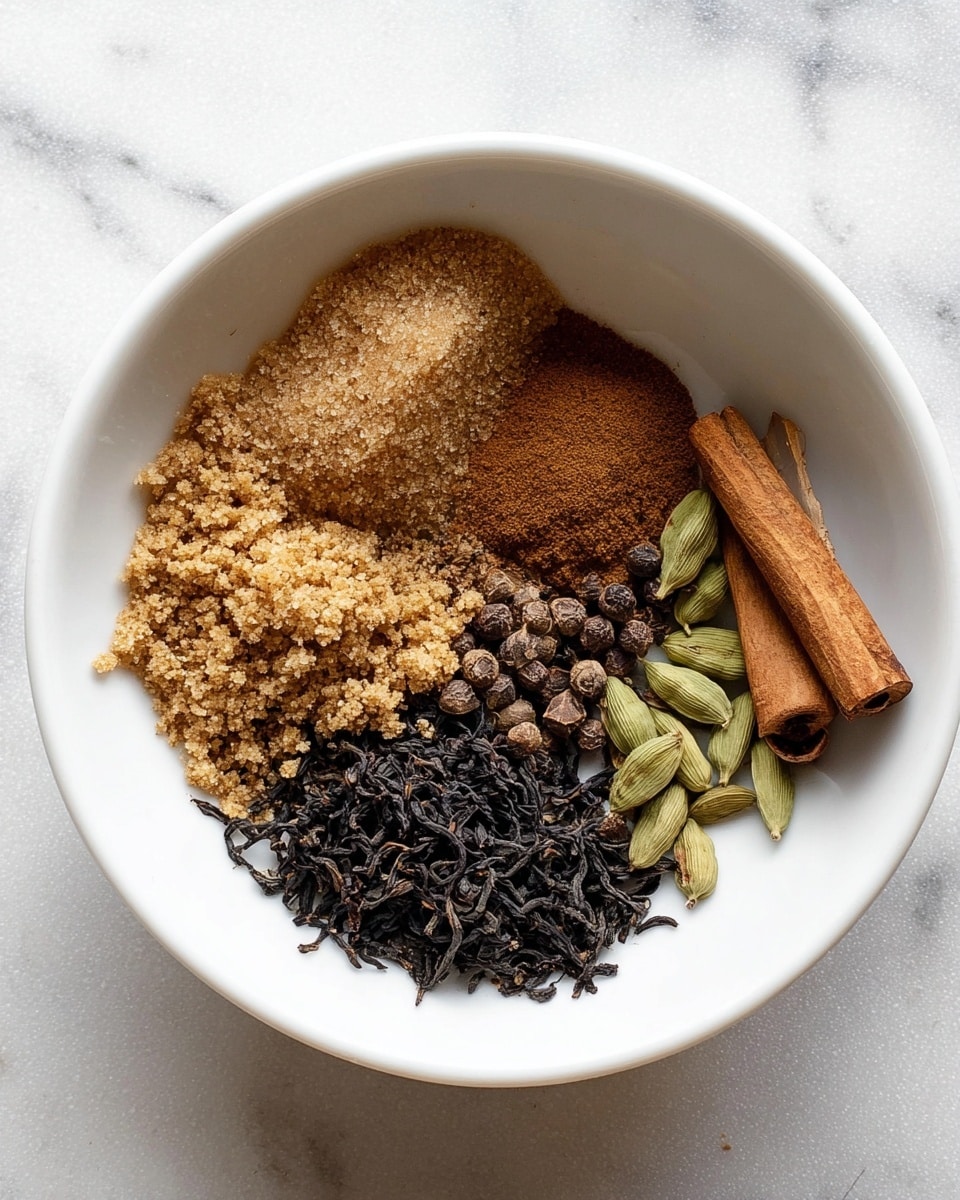 A white bowl on a white marbled surface holds five different spices and ingredients arranged separately. On the top left is a pile of coarse, light brown sugar with a grainy texture. Below it on the left are two piles of ground spices, one lighter brown and one darker brown, both powdery. At the bottom right is a portion of loose black tea leaves, dark and curly. On the top right is a cluster of whole spices, including a brown cinnamon stick, green cardamom pods, and some dried cloves and peppercorns, all resting together in a small heap. photo taken with an iphone --ar 4:5 --v 7
