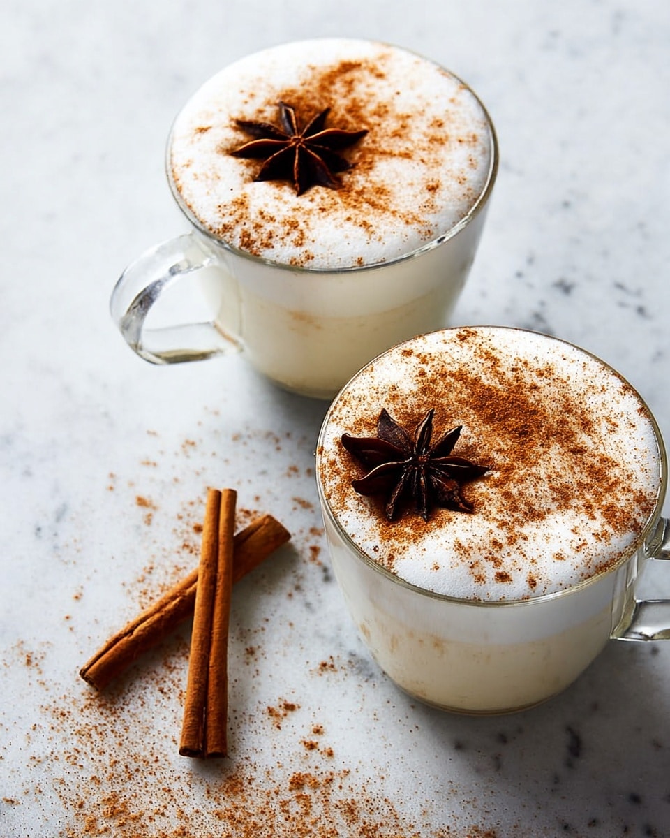 Two clear glass mugs sit on a white marbled surface, each filled with a creamy white foam layer on top. The foam is dusted lightly with brown cinnamon powder, spread unevenly across the surface. On top of each foam layer, one dark brown star anise rests as decoration. The mugs are clear with visible handles, and near the bottom left, two cinnamon sticks lie on the surface with some scattered cinnamon powder around them. The photo taken with an iphone --ar 4:5 --v 7
